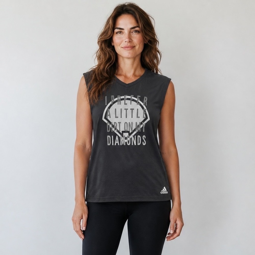 Adidas Womens XL Black Baseball Graphic Tank Top Dirt On My Diamonds Climalite